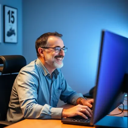 A smiling man working on a desktop computer in a modern office environment.
